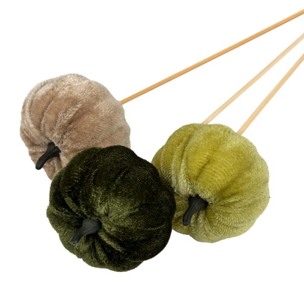 Kürbis-Samt-Stecker 6 cm, dk grün/ soft taupe, soft grün sortiert, Stecker 35cm