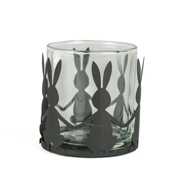 Teelichtglas Hasentanz ,schwarz,7x8x8cm Metall/Glas