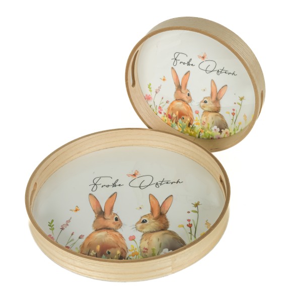 Tablett, Holz, weiß-natur Hasenpaar rund,Set/2, 40cm&30cm