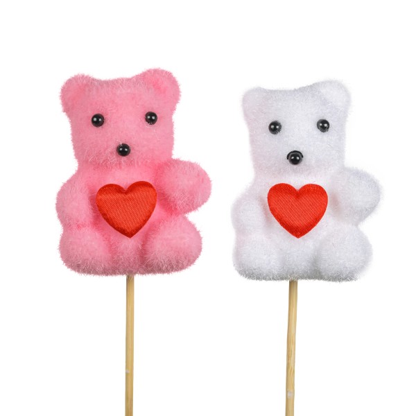 Kunststoff Teddy mit Herz, 2 Farben sortiert, 5x7,5cm, Stecker 35cm