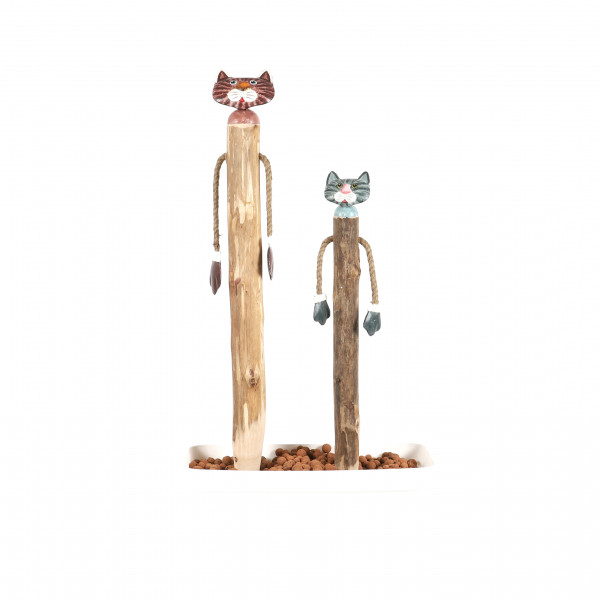 Katze mit Baumelarmen, Holz-Metall, Erdspiess