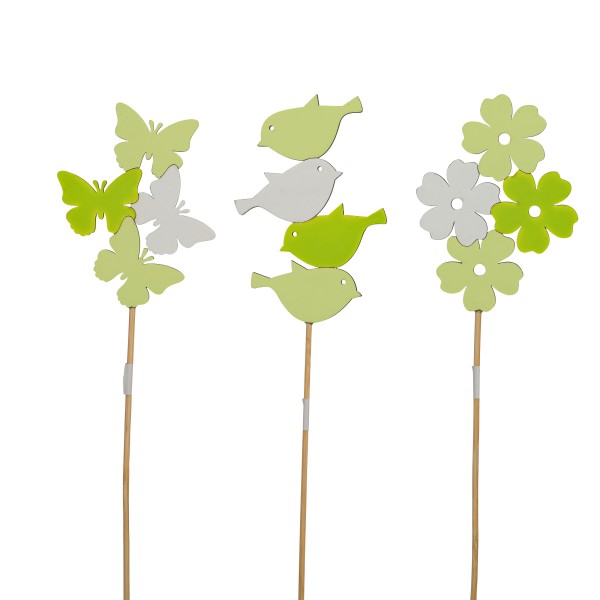 Holzstecker, Vogel/Blume/Schmetterling sort, grün/weiß 7x8cm Stecker 35 cm