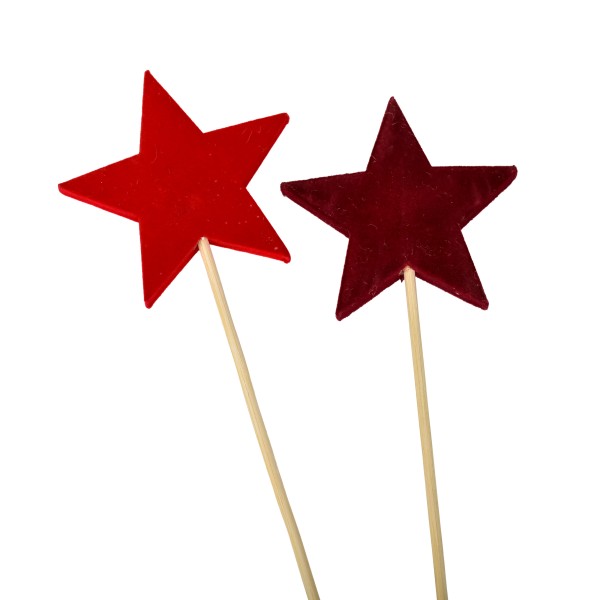 Stern-Stecker beflockt, 7cm, rot und burgund sortiert, Stecker 35 cm