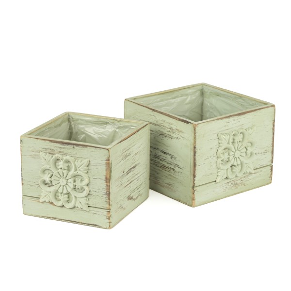 Holz-Pflanzkasten quadr, mit Applikation Set/2, grün antik, 13xh11/16xh12 cm