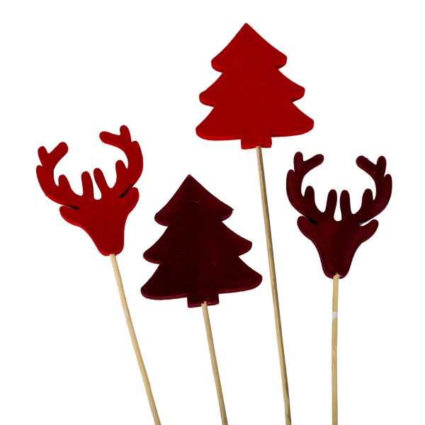 Stecker Baum&Hirsch beflockt, 7x6,5cm rot, Stecker 35 cm