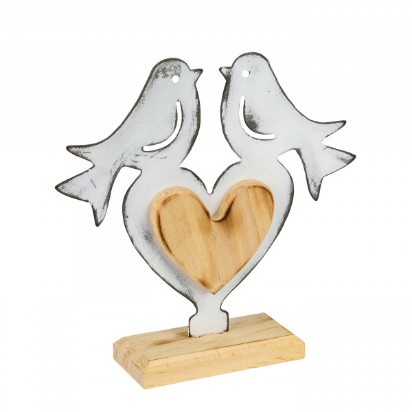 Vogelpaar auf Herz, Metall/Holz, natur antik-weiss, 19x19x5 cm