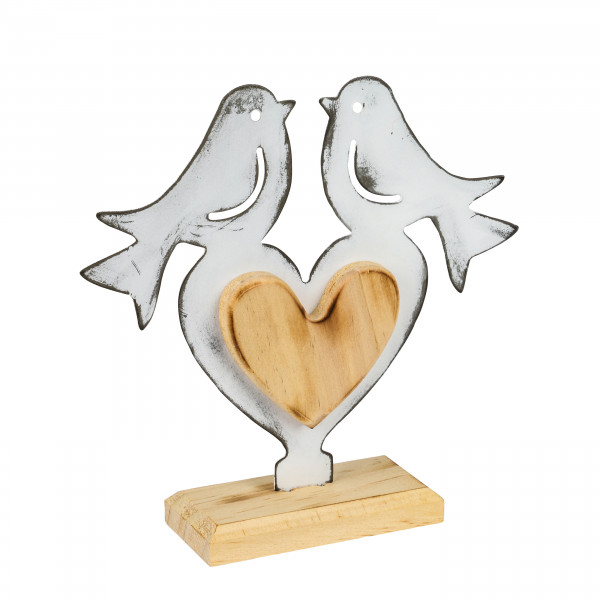 Vogelpaar auf Herz, Metall/Holz, natur antik-weiss, 19x19x5 cm