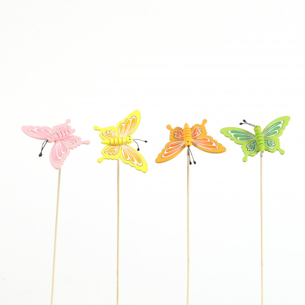 Holz-Stecker Schmetterling, 4 Farb sort, 8,5x6cm pink/gelb/grün/orange