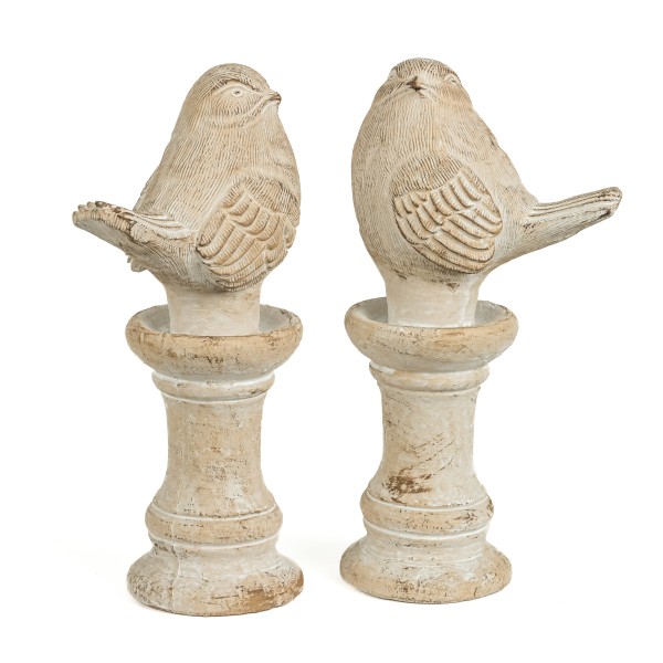 Zement-Vogel Hansi auf Säule, 2 Mod. sort, 13x8xh26 cm, sand-antik