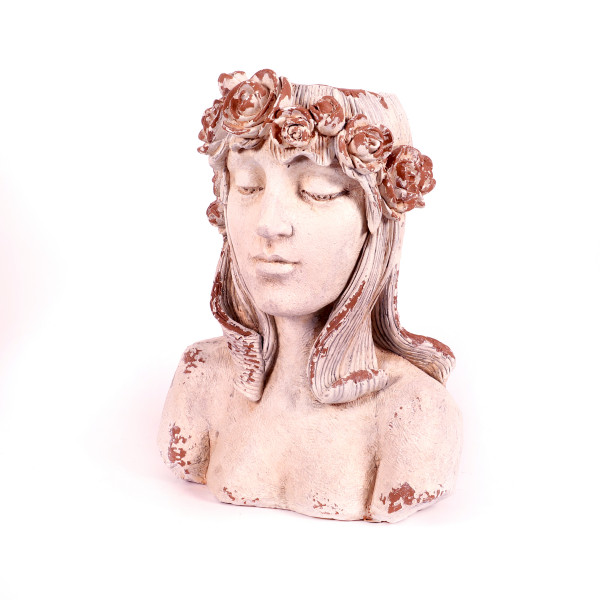 Magnesia Pflanzkopf Lena mit Blüten- Kranz, weiß antik, 36x27x47 cm