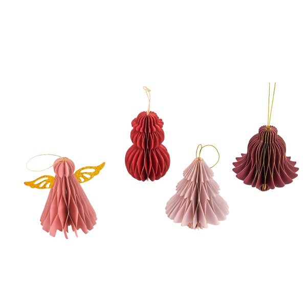 Papier-Ornamente,10cm, z.Hängen 4 Modelle sort., rosa rot Mix