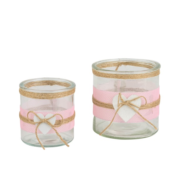 Glas-Topf mit Jute umwickelt, rosa mit Herz in weiß