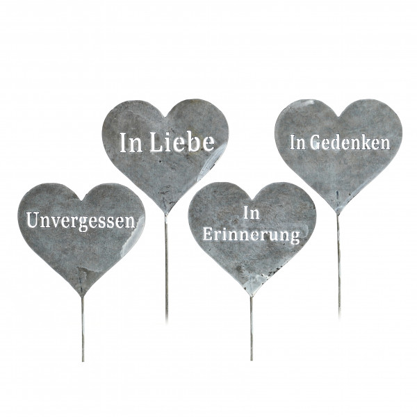 Metall Herz-Stecker, 4 Trauersprüche sortiert, grau-antik, 10x20cm mit Stab