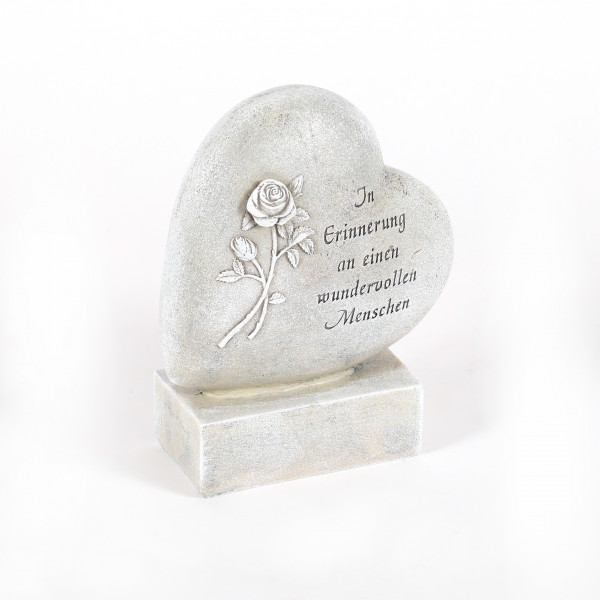 Polyresin-Herz auf Fuß mit Rose&Trauer -Spruch, 13,8x6,5xh18cm grau-antik