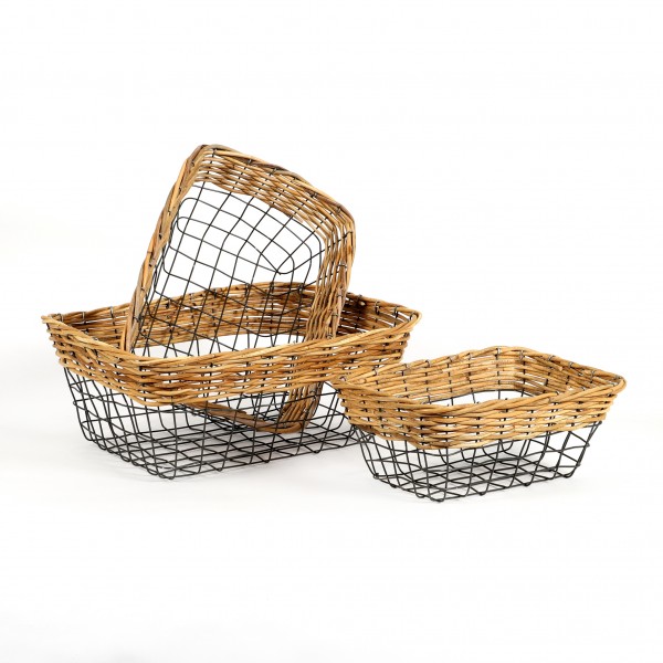 Draht-Korb,Schale rechteckig Set/3 grau m.Rattan Rand,44x35/38x30/32x23cm