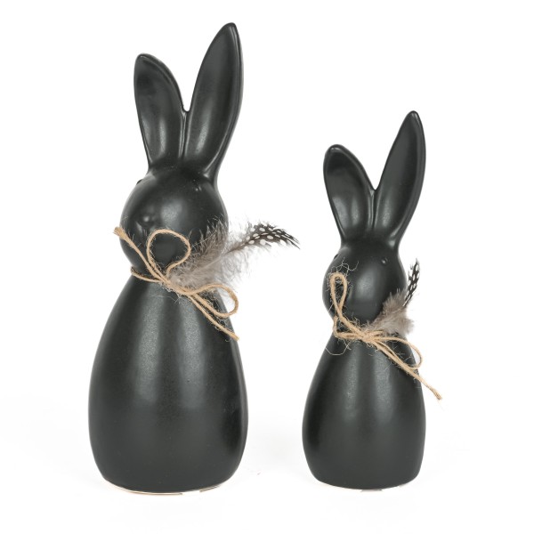 Keramik Hase Sam stehend mit Jute& Perlhuhnfeder, schwarz