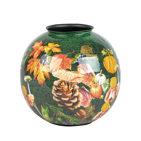 Metall-Vase Otono 19x21cm, kugelförmig Herbstmotive auf grünem Grund