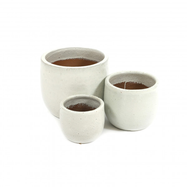 Terracotta Pflanz-Topf, Set/3 weiß- Reaktionsglasur,D21xH19/D27xH24/D36xH31
