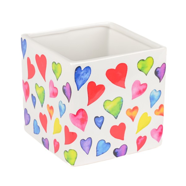 Keramik-Würfel Lisa , 12x12xH12cm weiß, mit bunten Herzen