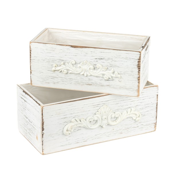 Holz-Pflanzkasten rechteckig+Applikation Set/2, weiß antik,24x12xh11/28x14xh12cm