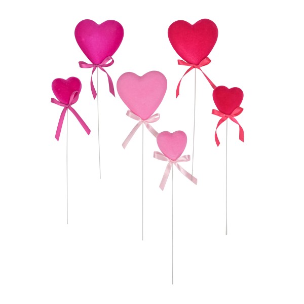 Herz am Stab, Flock, Kunststoff, 10cm rosa-pink-magenta sortiert, 1.5mm