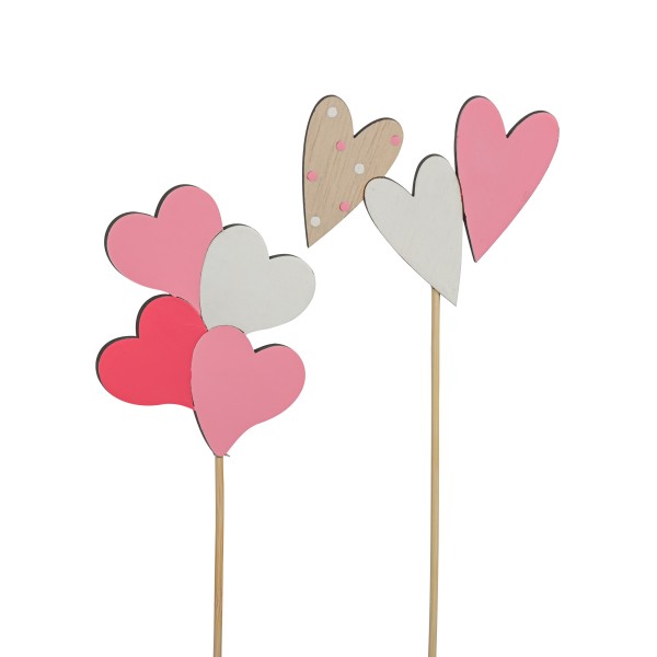 Holzstecker,Herzx3 und Herzx4,sortiert rosa/weiß, 7x8cm Stecker 35 cm