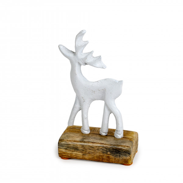 Metall Hirsch auf Holzbase, stehend,weiß -matt, 10x5xH18cm