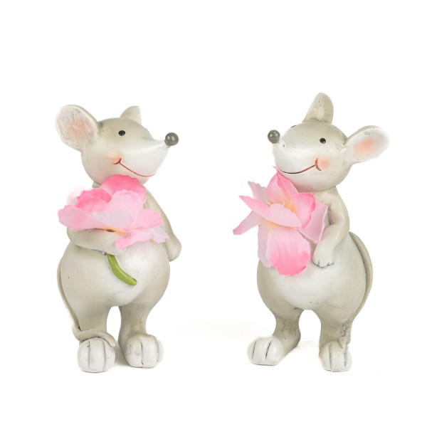 Poly Maus Janny 2 Mod sort, 5x5x11 cm grau mit rosa Blüten