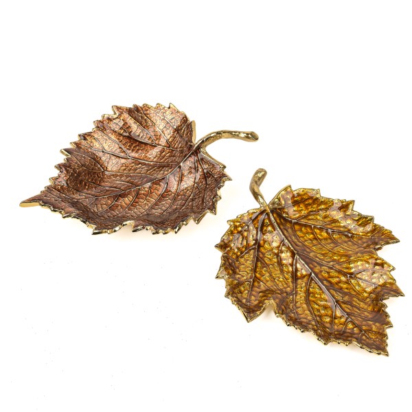 Blatt Aluguss mit Emaille, 20x14cm, 2 Farben sort. braun/gold