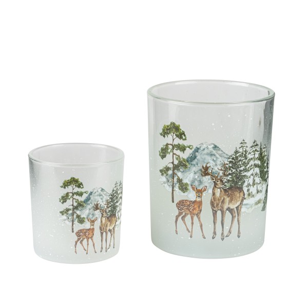 Windlichtglas,klar-gefrostet,12x9cm mit Hirsch/Wald-Szene