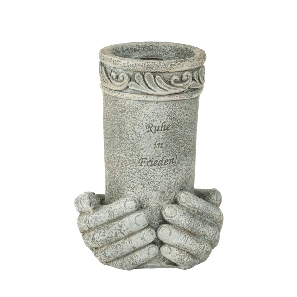 Poly Vase in Hand, mit Trauer-Spruch grau antik, 14x12xh20 cm