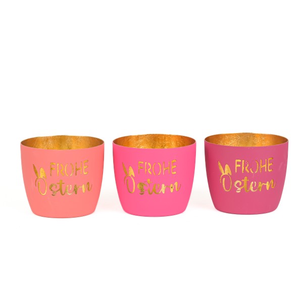 Metall-Windlicht Frohe Ostern ,10x8,5cm, 3 Farben sort,lachsrosa+dk+hl pink/gold
