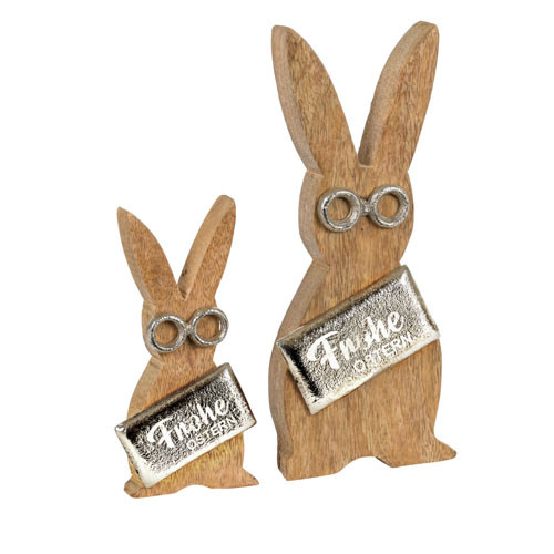 Holzhase Hazel, mit Brille und Schild Frohe Ostern