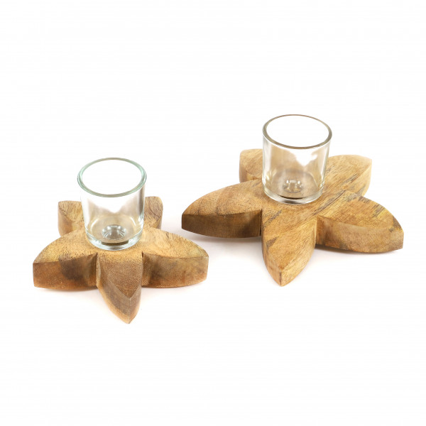 Holzblume mit Teelichtglas, natur