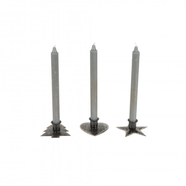 Metall-Spitzkerzenhalter, 3 Mod sort, 9,5x9x3/9x9x3/8,5x10x3cm Herz/Stern/Baum