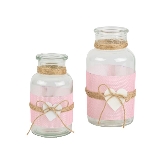 Glas-Flasche m Jute umwickelt, rosa mit Herz in weiß