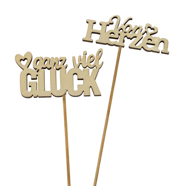 Holz-Stecker mit Text, 2 Mod sort, natur Stecker35cm, ganz viel Glück+von Herzen