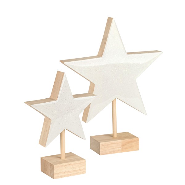Deko-Stern auf Fuss, Holz, weiß-glitter, stehend