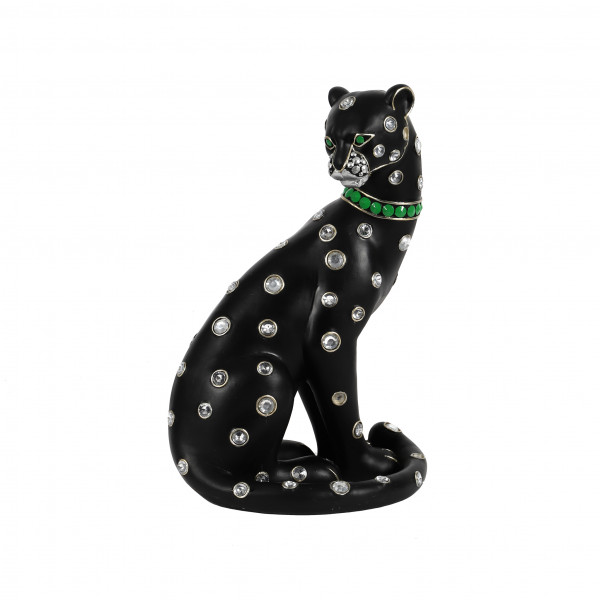 Poly-Leopard sitzend, schwarz 25x19x38cm mit Juwelen besetzt