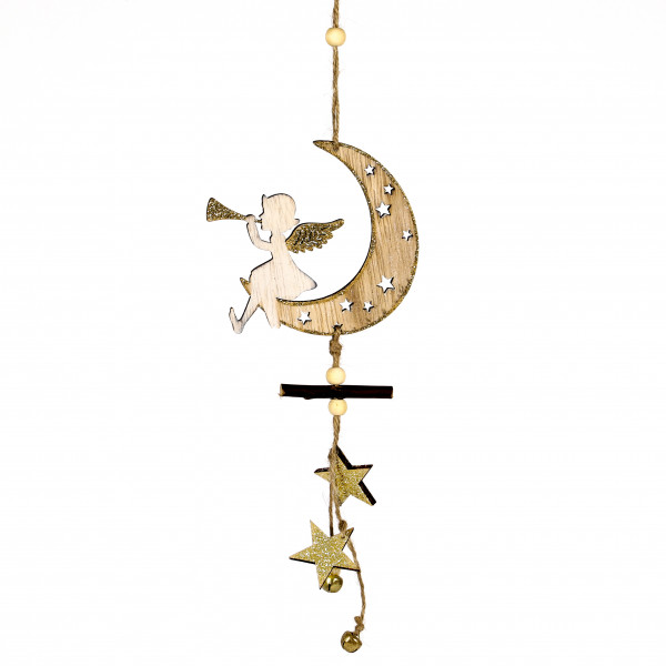 Mond mit Engel, Holz, z.hängen 38x9x0.5 cm, natur-gold