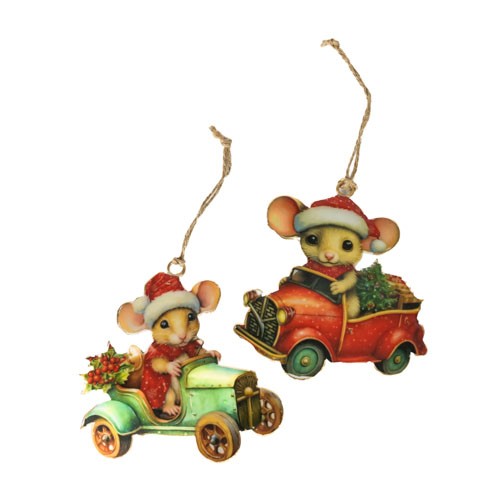 Maus in Auto zum Hängen, 2 Mod.sort. in Box, 10 x 10 cm