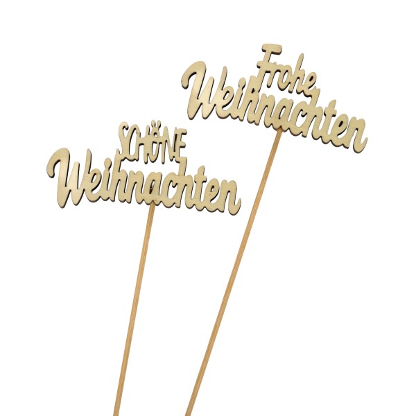 Holz-Stecker m Text, 2 Mod sort, Stecker 35cm, natur Frohe+Schöne Weihnachten
