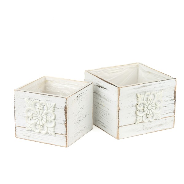 Holz-Pflanzkasten quadr, mit Applikation Set/2, weiß antik, 13xh11/16xh12 cm