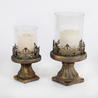 Windlicht auf Zement-Sockel 15xh28 cm antik-grau mit gold Windlicht auf Zement-Sockel 15xh28 cm antik-grau mit gold