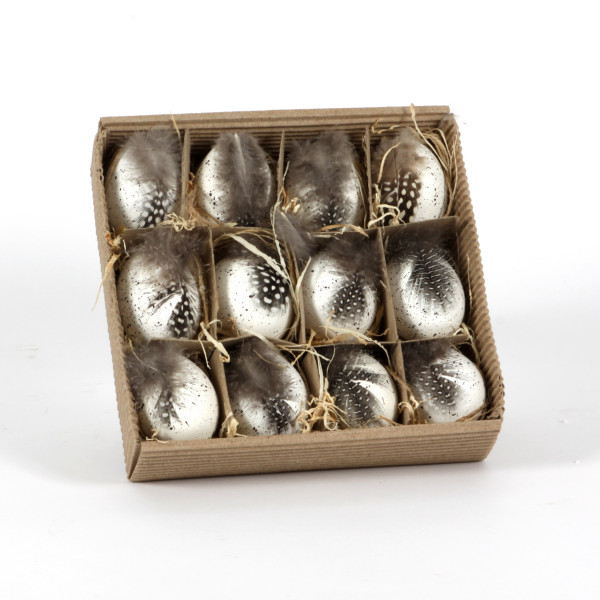 Hühnereier bemalt,Tray/12, Perlhuhnfeder natur