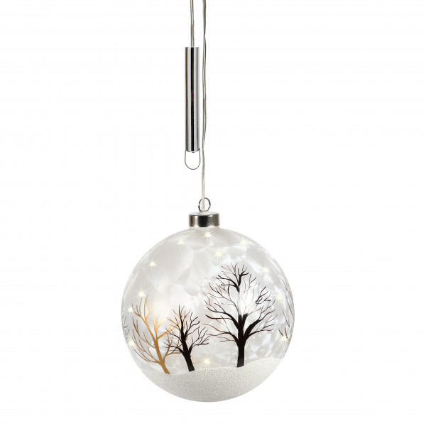 Dekokugel Winterwald ,gefrostet, Glas LED,15 cm, Timer 6/18h ohne Batt.,weiß