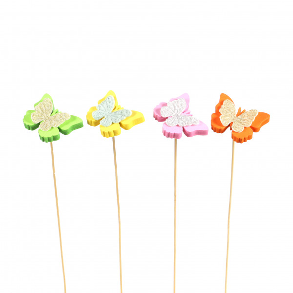 Stecker m Schaumstoff Schmetterling, 4 Farb sort, 7x5,5cm,orange/grün/gelb/pink