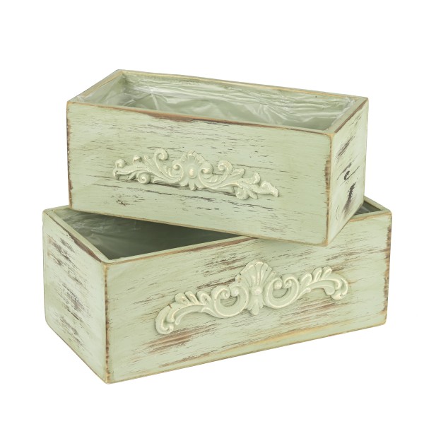 Holz-Pflanzkasten rechteckig+Applikation Set/2, grün antik,24x12xh11/28x14xh12cm