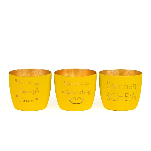 Metall-Windlicht mSpruch,gelb,3Sprüche sort.,10x8,5cm