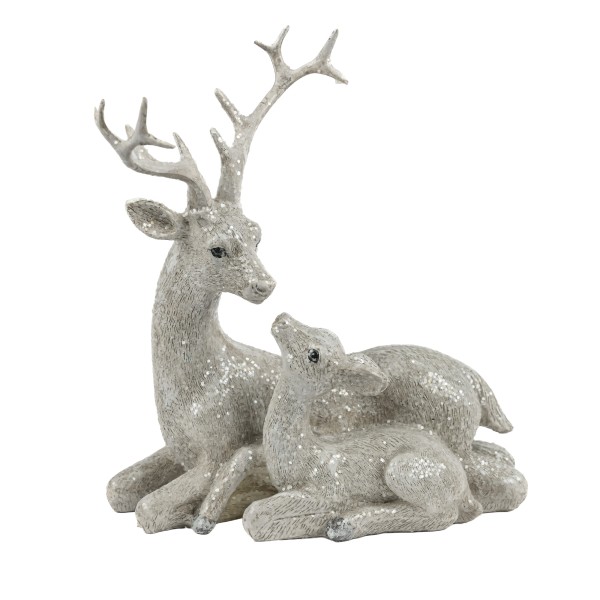 Poly-Hirsch liegend mit Bambi, 15x8xh 17cm, antik weiß mit glitter